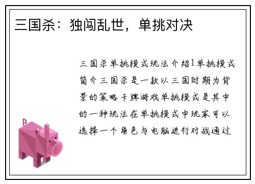 三国杀：独闯乱世，单挑对决